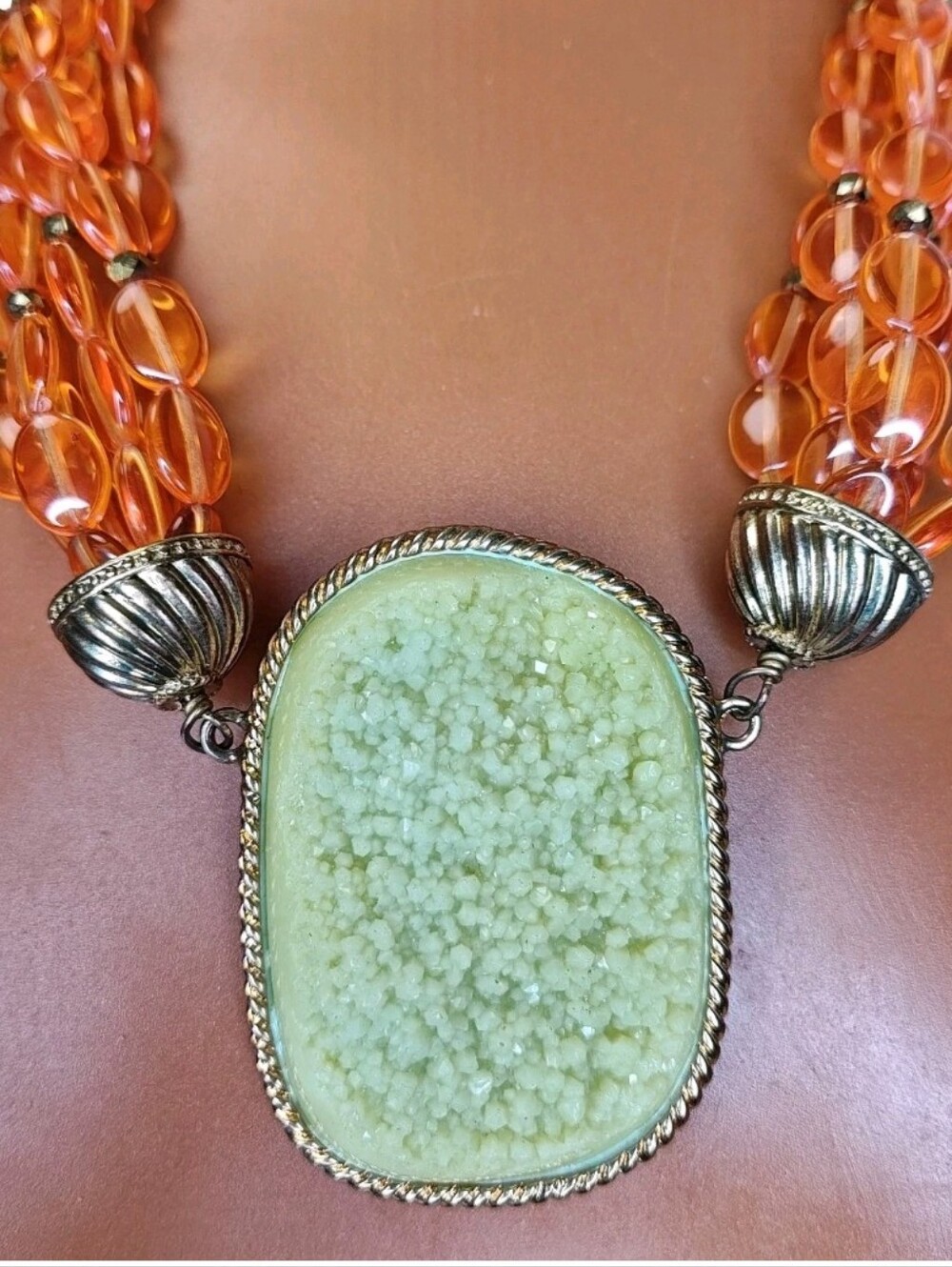 Vintage Joan Rivers Necklace Orange Lucite Beaded Multi Strand Chunky Pendant
